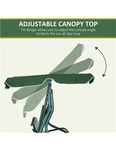 Outsunny 3 Seater Garden Swing Seat Chair Outdoor Bench with Adjustable Canopy and Metal Frame, Green Stripes