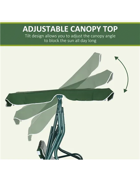 Outsunny 3 Seater Garden Swing Seat Chair Outdoor Bench with Adjustable Canopy and Metal Frame, Green Stripes
