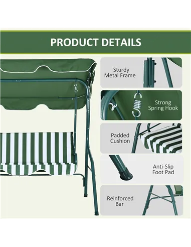 Outsunny 3 Seater Garden Swing Seat Chair Outdoor Bench with Adjustable Canopy and Metal Frame, Green Stripes