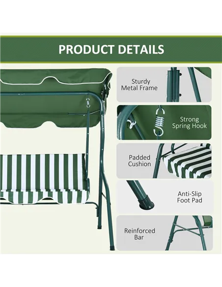Outsunny 3 Seater Garden Swing Seat Chair Outdoor Bench with Adjustable Canopy and Metal Frame, Green Stripes