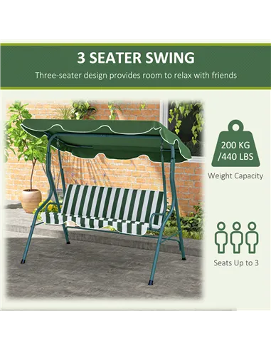 Outsunny 3 Seater Garden Swing Seat Chair Outdoor Bench with Adjustable Canopy and Metal Frame, Green Stripes