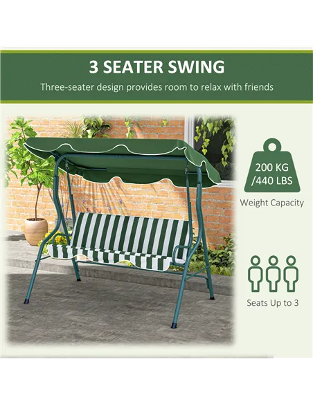 Outsunny 3 Seater Garden Swing Seat Chair Outdoor Bench with Adjustable Canopy and Metal Frame, Green Stripes