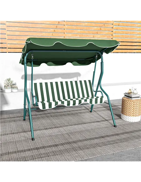 Outsunny 3 Seater Garden Swing Seat Chair Outdoor Bench with Adjustable Canopy and Metal Frame, Green Stripes