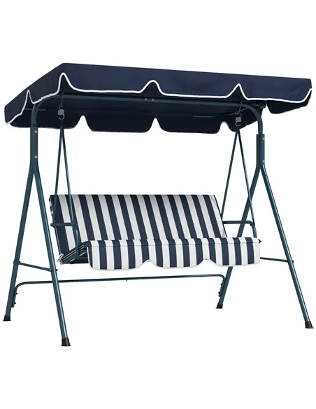 Outsunny 3 Seater Garden Swing Chair, Outdoor Swing Chair with Adjustable Canopy, Mental Frame & Cushions, Blue