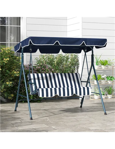 Outsunny 3 Seater Garden Swing Chair, Outdoor Swing Chair with Adjustable Canopy, Mental Frame & Cushions, Blue