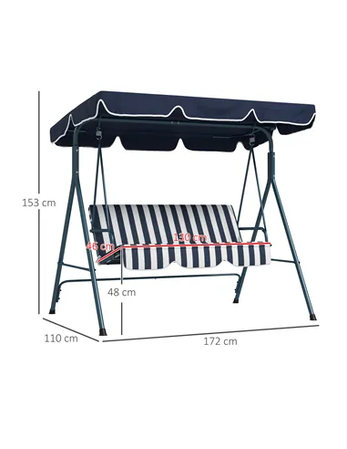 Outsunny 3 Seater Garden Swing Chair, Outdoor Swing Chair with Adjustable Canopy, Mental Frame & Cushions, Blue