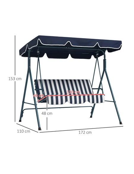 Outsunny 3 Seater Garden Swing Chair, Outdoor Swing Chair with Adjustable Canopy, Mental Frame & Cushions, Blue