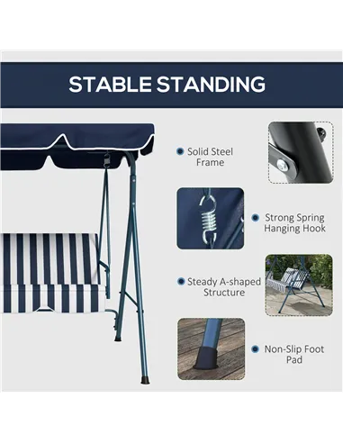 Outsunny 3 Seater Garden Swing Chair, Outdoor Swing Chair with Adjustable Canopy, Mental Frame & Cushions, Blue