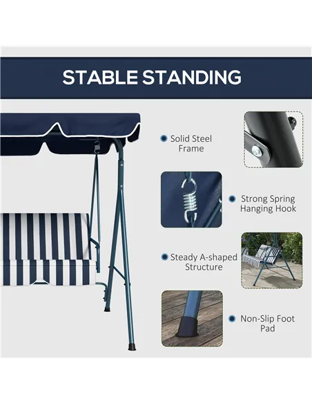 Outsunny 3 Seater Garden Swing Chair, Outdoor Swing Chair with Adjustable Canopy, Mental Frame & Cushions, Blue