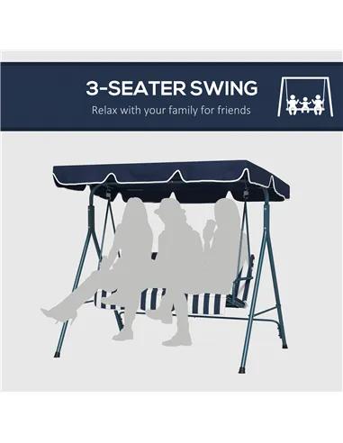 Outsunny 3 Seater Garden Swing Chair, Outdoor Swing Chair with Adjustable Canopy, Mental Frame & Cushions, Blue