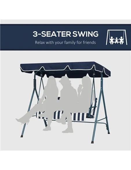 Outsunny 3 Seater Garden Swing Chair, Outdoor Swing Chair with Adjustable Canopy, Mental Frame & Cushions, Blue