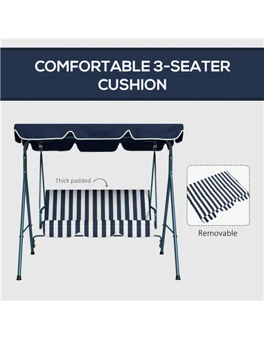 Outsunny 3 Seater Garden Swing Chair, Outdoor Swing Chair with Adjustable Canopy, Mental Frame & Cushions, Blue
