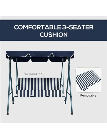 Outsunny 3 Seater Garden Swing Chair, Outdoor Swing Chair with Adjustable Canopy, Mental Frame & Cushions, Blue