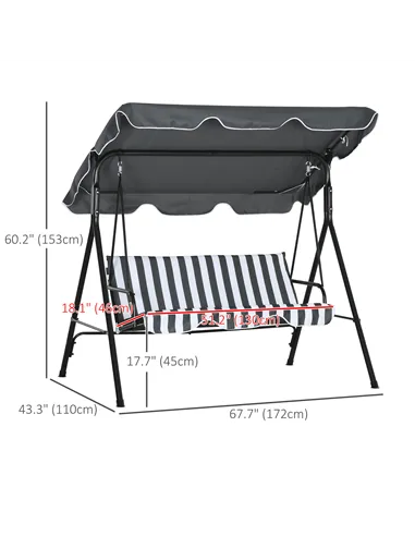 Outsunny 3 Seater Garden Swing Chair, Outdoor Swing Chair with Adjustable Canopy, Mental Frame & Cushions, Grey