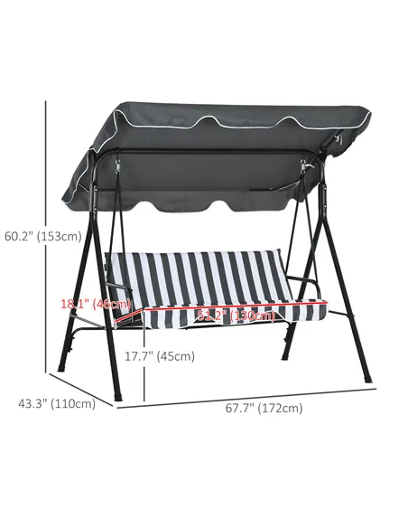 Outsunny 3 Seater Garden Swing Chair, Outdoor Swing Chair with Adjustable Canopy, Mental Frame & Cushions, Grey