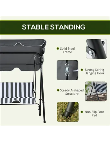 Outsunny 3 Seater Garden Swing Chair, Outdoor Swing Chair with Adjustable Canopy, Mental Frame & Cushions, Grey