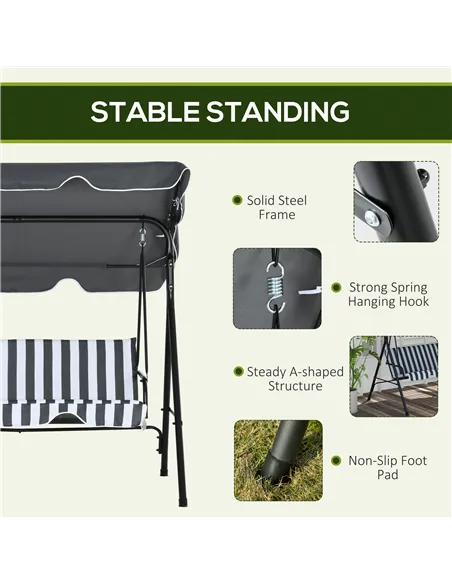 Outsunny 3 Seater Garden Swing Chair, Outdoor Swing Chair with Adjustable Canopy, Mental Frame & Cushions, Grey