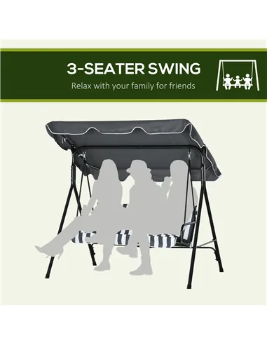 Outsunny 3 Seater Garden Swing Chair, Outdoor Swing Chair with Adjustable Canopy, Mental Frame & Cushions, Grey