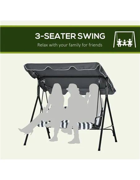 Outsunny 3 Seater Garden Swing Chair, Outdoor Swing Chair with Adjustable Canopy, Mental Frame & Cushions, Grey