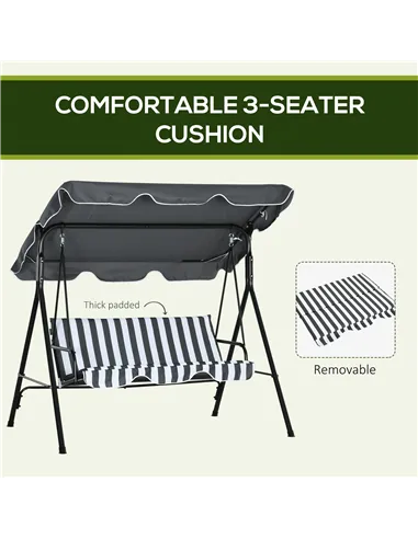 Outsunny 3 Seater Garden Swing Chair, Outdoor Swing Chair with Adjustable Canopy, Mental Frame & Cushions, Grey