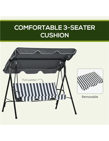 Outsunny 3 Seater Garden Swing Chair, Outdoor Swing Chair with Adjustable Canopy, Mental Frame & Cushions, Grey