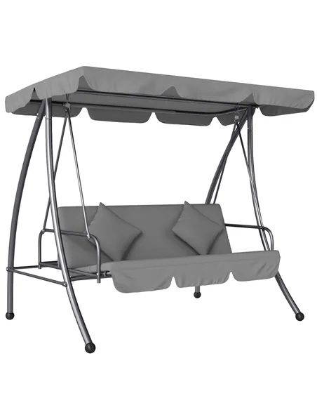 Outsunny Outdoor 2-in-1 Swing Chair Lounger 3 Seater Garden Swing Seat Bed Convertible Tilt Canopy W/ Cushion, Light Grey