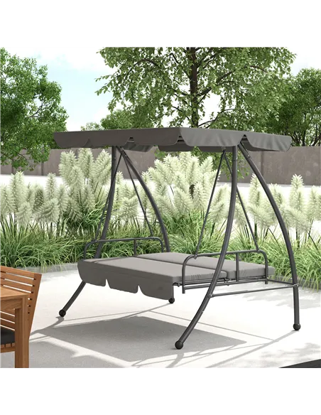 Outsunny Outdoor 2-in-1 Swing Chair Lounger 3 Seater Garden Swing Seat Bed Convertible Tilt Canopy W/ Cushion, Light Grey
