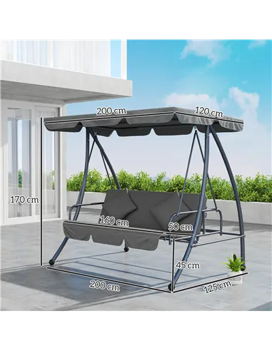 Outsunny Outdoor 2-in-1 Swing Chair Lounger 3 Seater Garden Swing Seat Bed Convertible Tilt Canopy W/ Cushion, Light Grey