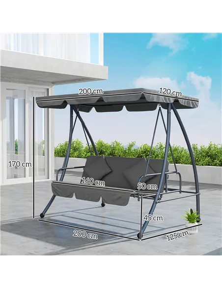 Outsunny Outdoor 2-in-1 Swing Chair Lounger 3 Seater Garden Swing Seat Bed Convertible Tilt Canopy W/ Cushion, Light Grey
