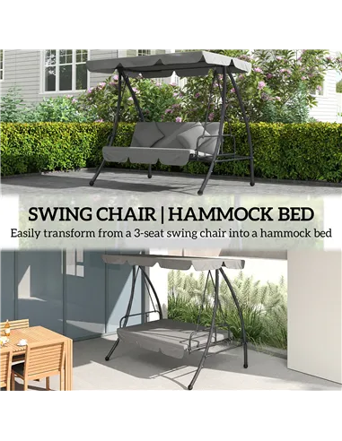 Outsunny Outdoor 2-in-1 Swing Chair Lounger 3 Seater Garden Swing Seat Bed Convertible Tilt Canopy W/ Cushion, Light Grey