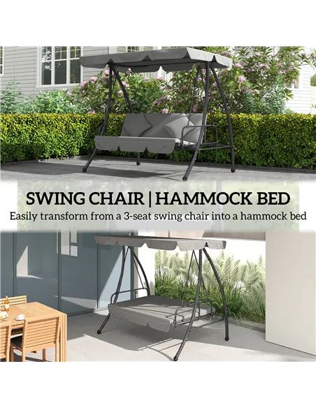 Outsunny Outdoor 2-in-1 Swing Chair Lounger 3 Seater Garden Swing Seat Bed Convertible Tilt Canopy W/ Cushion, Light Grey