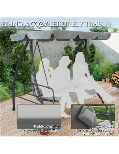 Outsunny Outdoor 2-in-1 Swing Chair Lounger 3 Seater Garden Swing Seat Bed Convertible Tilt Canopy W/ Cushion, Light Grey