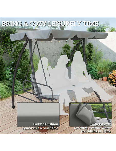 Outsunny Outdoor 2-in-1 Swing Chair Lounger 3 Seater Garden Swing Seat Bed Convertible Tilt Canopy W/ Cushion, Light Grey