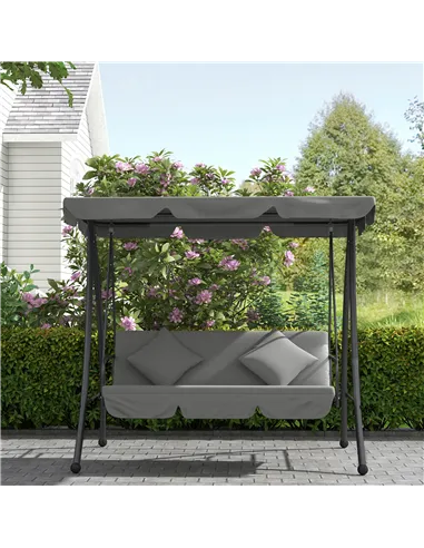 Outsunny Outdoor 2-in-1 Swing Chair Lounger 3 Seater Garden Swing Seat Bed Convertible Tilt Canopy W/ Cushion, Light Grey