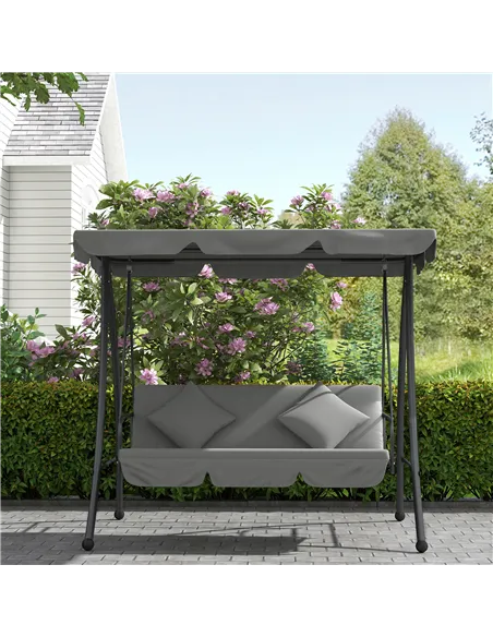 Outsunny Outdoor 2-in-1 Swing Chair Lounger 3 Seater Garden Swing Seat Bed Convertible Tilt Canopy W/ Cushion, Light Grey