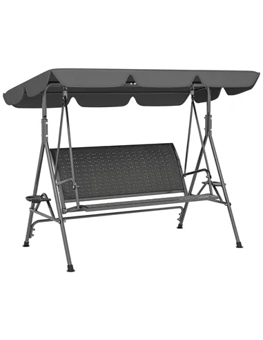 Outsunny 3 Seater Swing Chair, Garden Swing Seat Bench with Adjustable Canopy, Rattan Seat and Steel Frame for Patio, Yard, Grey