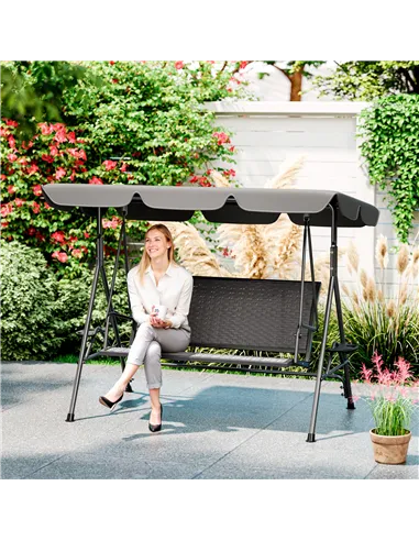 Outsunny 3 Seater Swing Chair, Garden Swing Seat Bench with Adjustable Canopy, Rattan Seat and Steel Frame for Patio, Yard, Grey