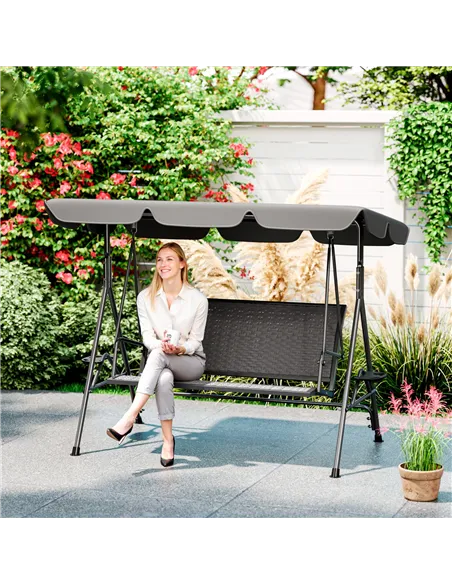 Outsunny 3 Seater Swing Chair, Garden Swing Seat Bench with Adjustable Canopy, Rattan Seat and Steel Frame for Patio, Yard, Grey