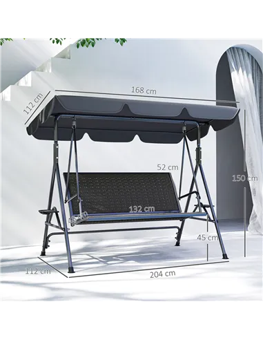 Outsunny 3 Seater Swing Chair, Garden Swing Seat Bench with Adjustable Canopy, Rattan Seat and Steel Frame for Patio, Yard, Grey