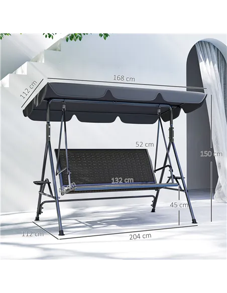 Outsunny 3 Seater Swing Chair, Garden Swing Seat Bench with Adjustable Canopy, Rattan Seat and Steel Frame for Patio, Yard, Grey