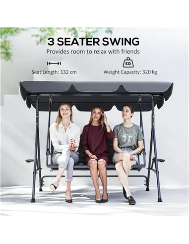 Outsunny 3 Seater Swing Chair, Garden Swing Seat Bench with Adjustable Canopy, Rattan Seat and Steel Frame for Patio, Yard, Grey