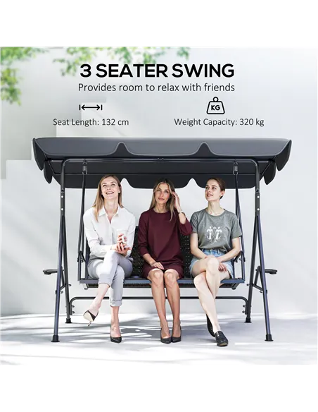 Outsunny 3 Seater Swing Chair, Garden Swing Seat Bench with Adjustable Canopy, Rattan Seat and Steel Frame for Patio, Yard, Grey