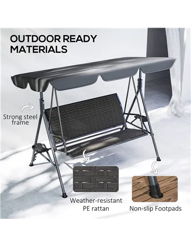 Outsunny 3 Seater Swing Chair, Garden Swing Seat Bench with Adjustable Canopy, Rattan Seat and Steel Frame for Patio, Yard, Grey
