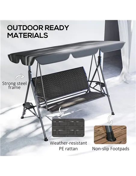 Outsunny 3 Seater Swing Chair, Garden Swing Seat Bench with Adjustable Canopy, Rattan Seat and Steel Frame for Patio, Yard, Grey