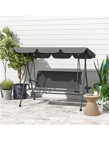 Outsunny 3 Seater Swing Chair, Garden Swing Seat Bench with Adjustable Canopy, Rattan Seat and Steel Frame for Patio, Yard, Grey
