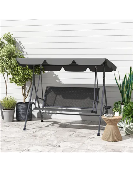 Outsunny 3 Seater Swing Chair, Garden Swing Seat Bench with Adjustable Canopy, Rattan Seat and Steel Frame for Patio, Yard, Grey