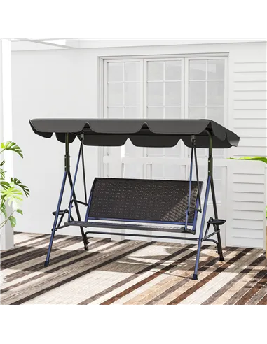 Outsunny 3 Seater Swing Chair, Garden Swing Seat Bench with Adjustable Canopy, Rattan Seat and Steel Frame for Patio, Yard, Grey