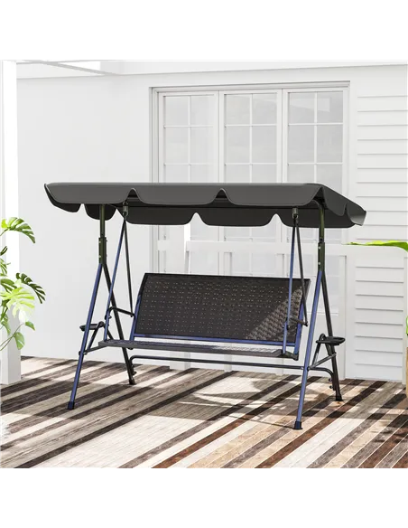 Outsunny 3 Seater Swing Chair, Garden Swing Seat Bench with Adjustable Canopy, Rattan Seat and Steel Frame for Patio, Yard, Grey