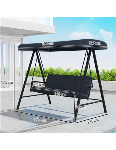 Outsunny Three-Seat Garden Swing Chair, with Adjustable Canopy - Dark Grey