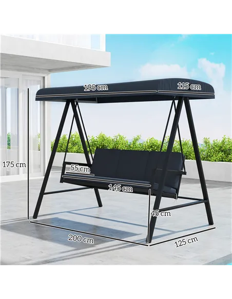 Outsunny Three-Seat Garden Swing Chair, with Adjustable Canopy - Dark Grey